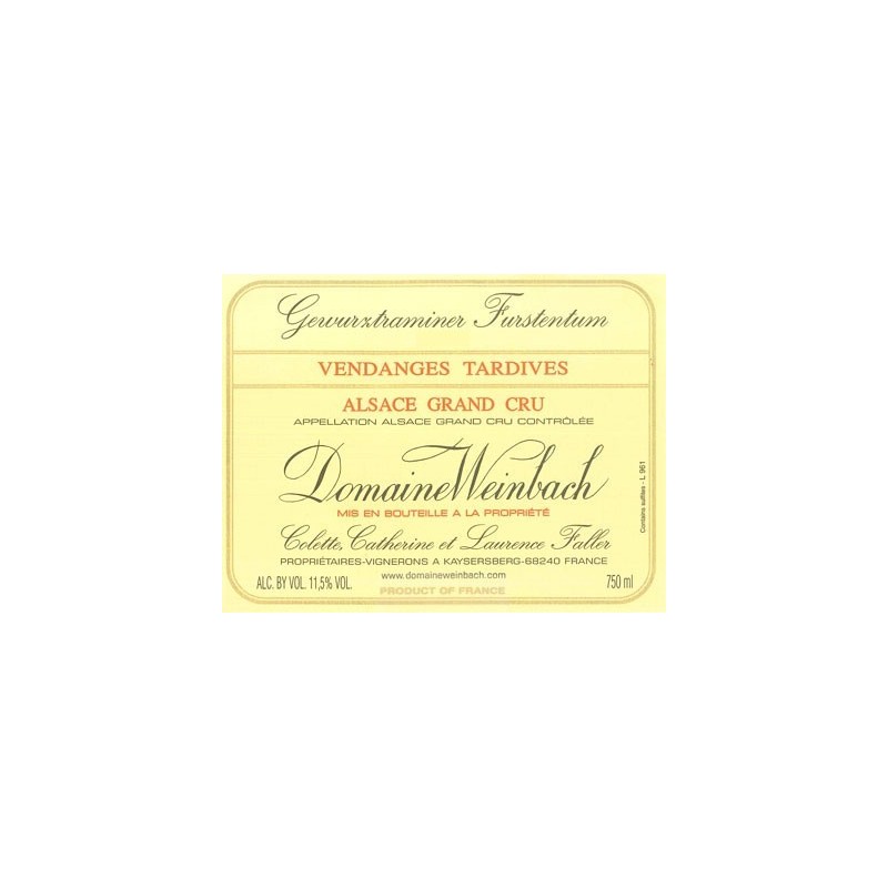 Gewürztraminer Fürstentum Vendanges tardives 2015 - Domaine Weinbach Gewürztraminer Fürstentum Vendanges tardives 2015 - Domaine Weinbach